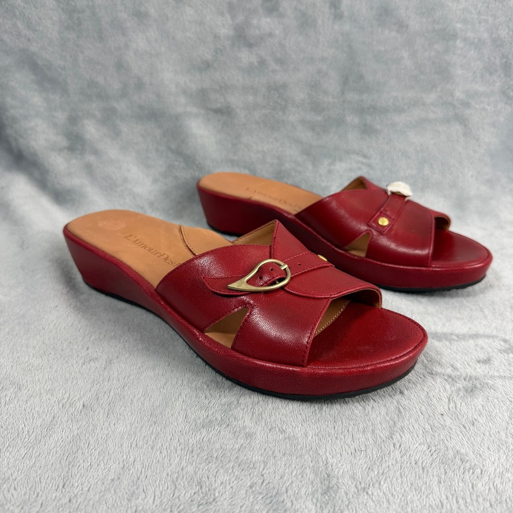 L'Amour des Pieds Womens 9 Red Leather Slide Sandal Wedge Gold Quiet Luxury